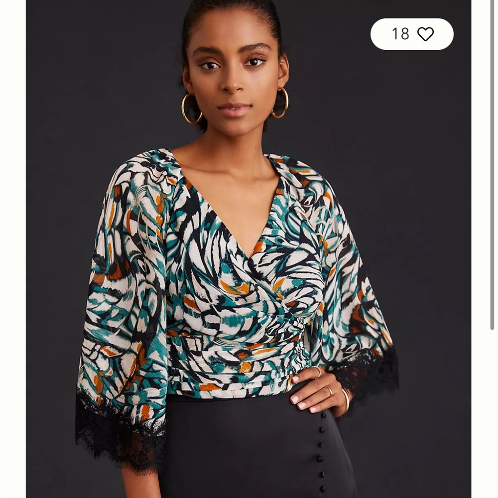 Anthropologie Elegant Multicolor Wrap Top with Lace Trim